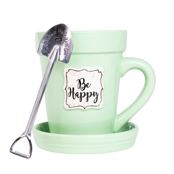 Green Flower Pot Mug - “Be Happy”