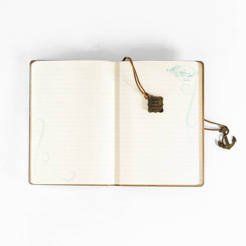 Leather Wrapped Journal - Hope As An Anchor With Anchor Charm Aqua