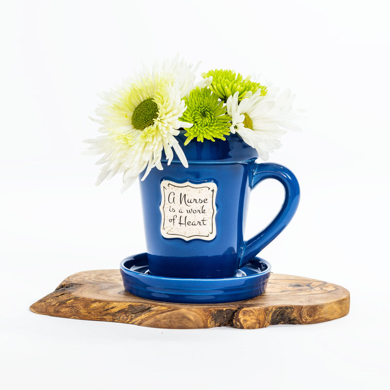 Blue Flower Pot Mug - "Nurse Is a Work of Heart"