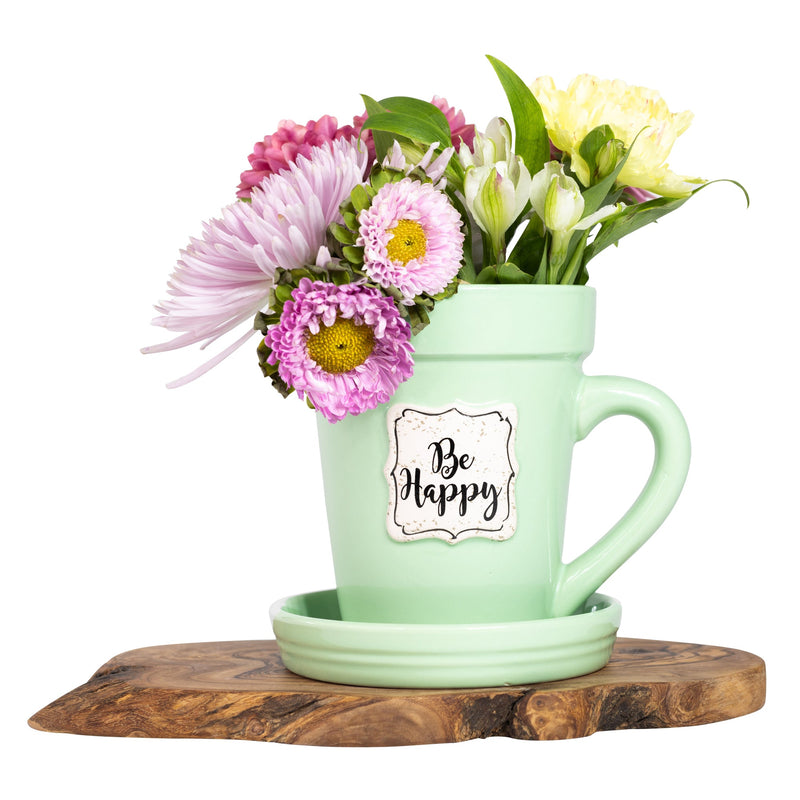 Green Flower Pot Mug - “Be Happy”