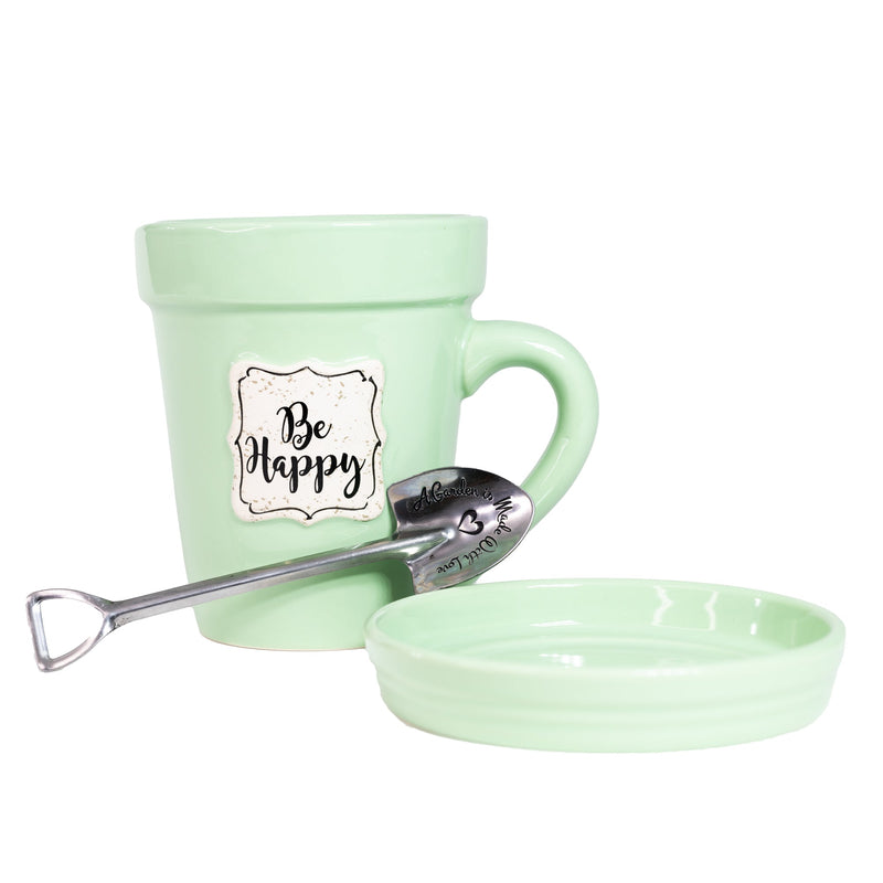 Green Flower Pot Mug - “Be Happy”