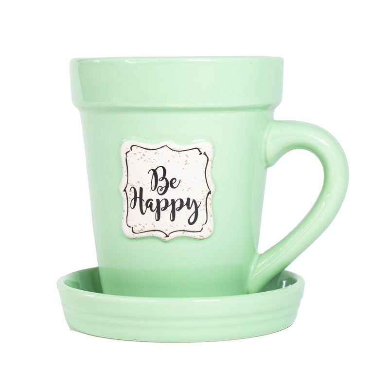 Green Flower Pot Mug - “Be Happy”