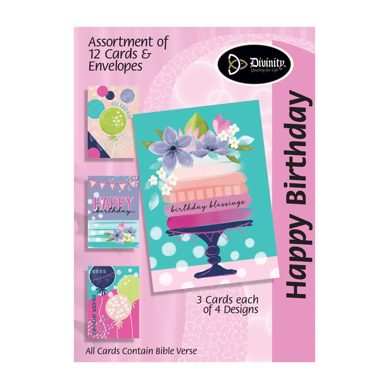 Boxed Greeting Cards: 12CT Happy Birthday Floral Balloons and Cakes