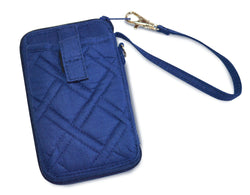 Plus quilted cotton material. Insides lined with navy microfiber. Embroidery Spanish scripture. Cell phone wristlet dimension: 3. 75" x 6" x 1". Zippered inside are 4 credit card slots, an ID window, and a cash pocket. On the outside is a slip-in pocket perfect for a cell phone and an ID window is displayed on the front. Material: Quilted Cotton.
