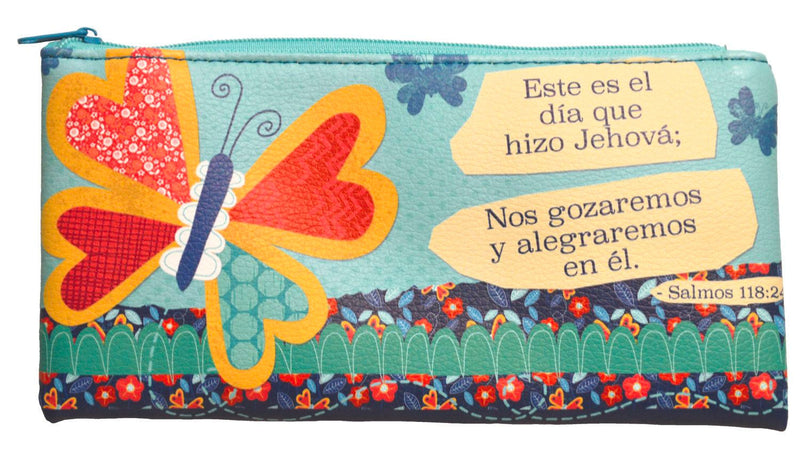 Pouch is 4" x 8" with colored zipper. Can be used for just about anything; a handy place to store items like pens and pencils, makeup brushes, coupons and receipts or anything else you can fit! Front and back features full color print. Features Spanish Scripture. Material: PU.