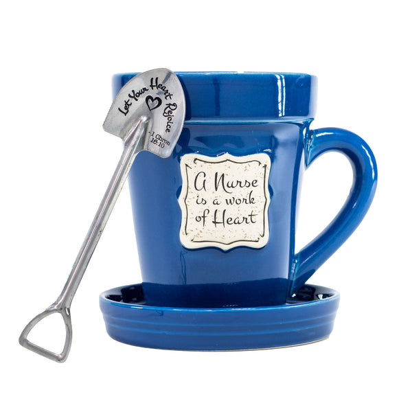 Blue Flower Pot Mug - "Nurse Is a Work of Heart"
