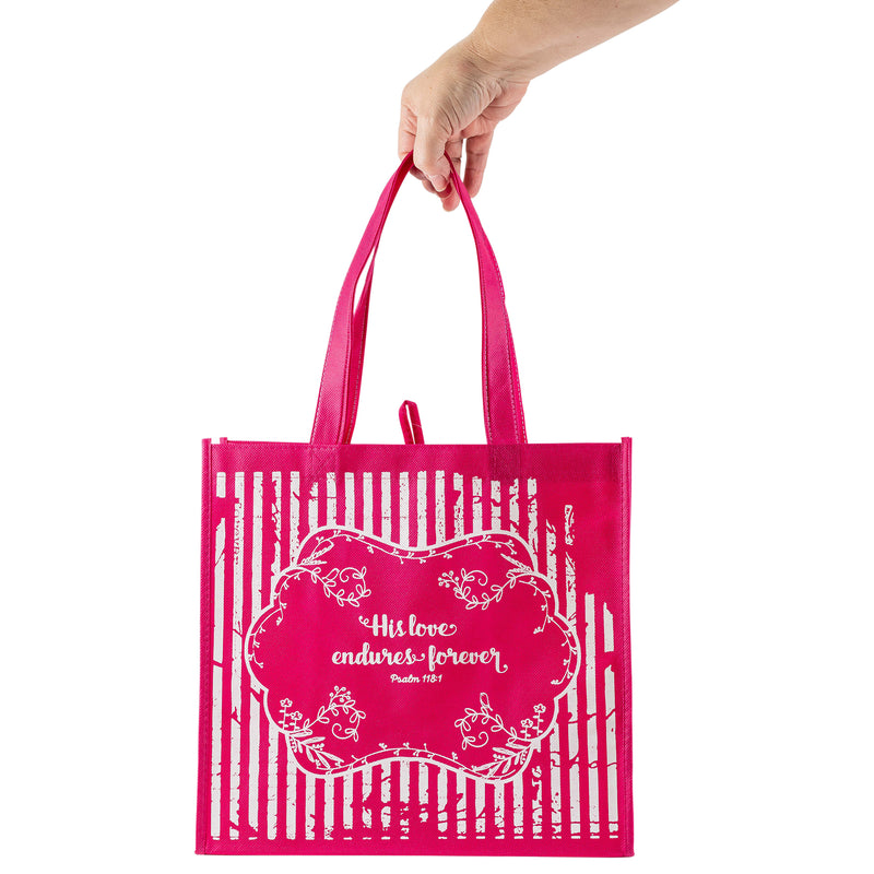 Pink Eco Tote Bag - Psalm 118:1 "His Love Endures Forever"