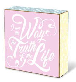 decorator blox with an uplifting message. A perfect addition to your Easter decor! Features the inspirational message: I am the Way the Truth and the Life. Measures 5" x 5" x 1.75". Material: Wood.