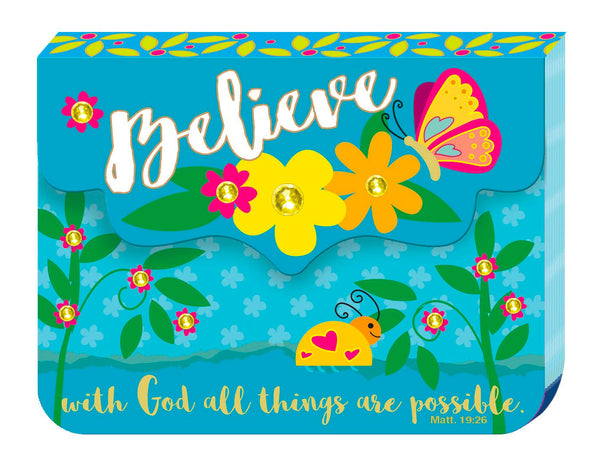Our purse pads are the perfect palm-of-your-hand size to keep in your purse, pocket or office. They have a convenient magnetic closure, fully designed inside, and contain added accents such as foil, gems or spot gloss. Features scripture or inspirational message. Dimensions: 4" x 3" x 0.5". Material: Paper.