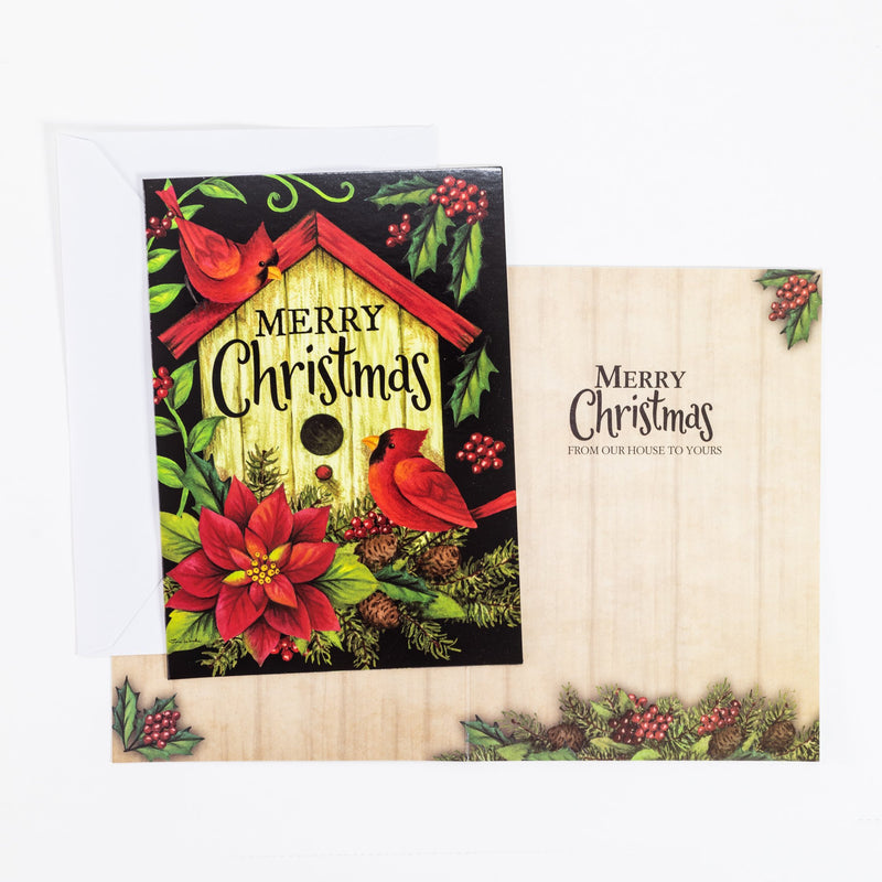 Single Christmas Cards Set of 6: Merry Christmas Cardinal Birdhouse