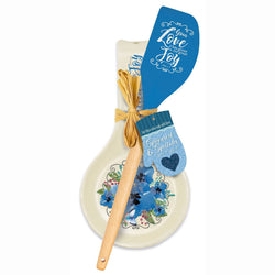 Blue Floral Spoon Rest & Spatula Gift Set - Philemon 1:7 "Great Joy"