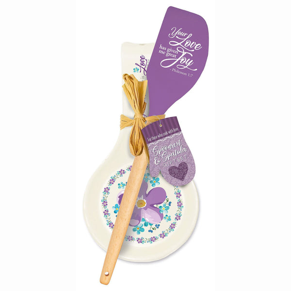 Purple Floral Spoon Rest & Spatula Gift Set - Philemon 1:7 "Great Joy"