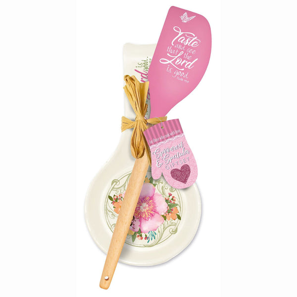 Pink Floral Spoon Rest & Spatula Gift Set - Psalm 126:3 "Taste & See"