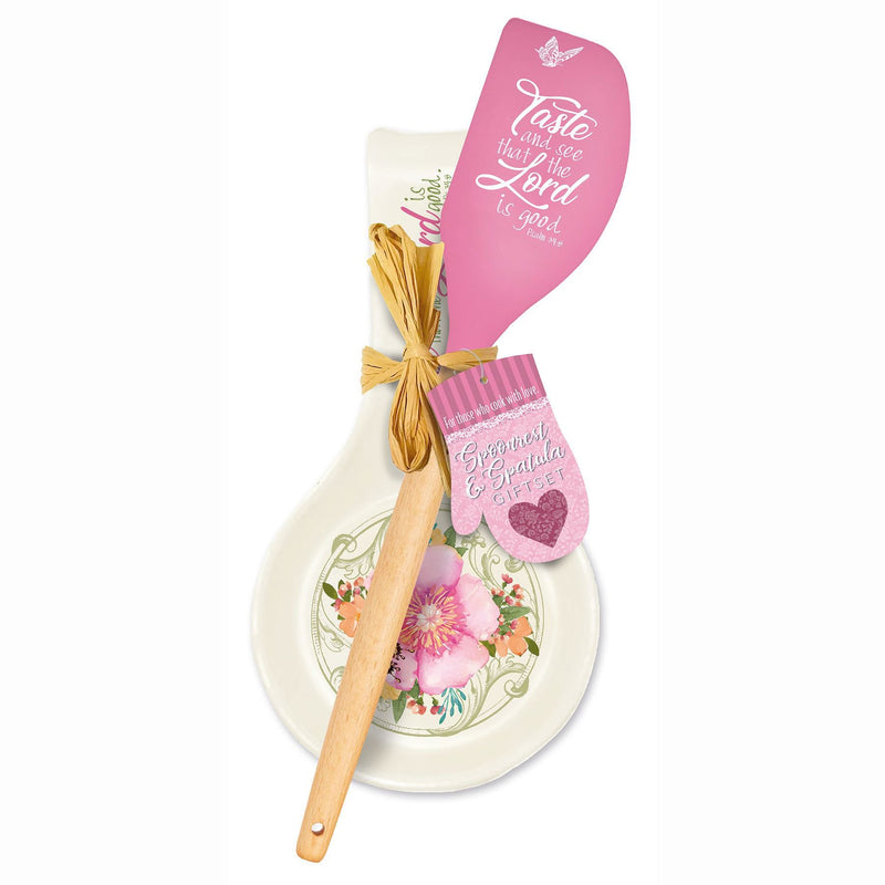 Pink Floral Spoon Rest & Spatula Gift Set - Psalm 126:3 "Taste & See"