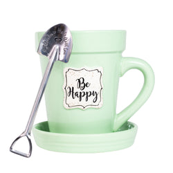 Green Flower Pot Mug - “Be Happy” Without Scripture