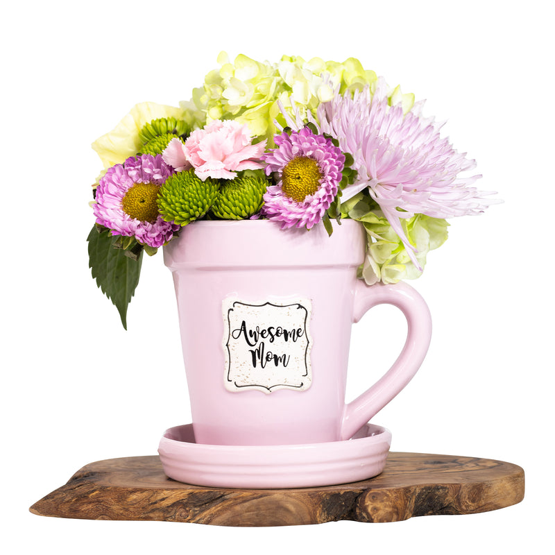 Pink Flower Pot Mug w/Scripture - “Awesome Mom”