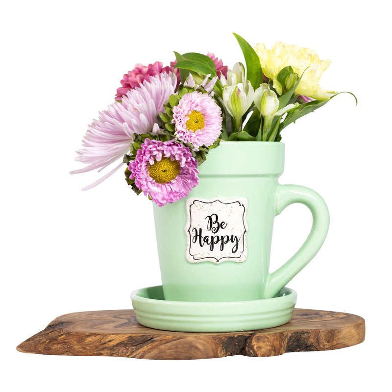 Green Flower Pot Mug - “Be Happy” Without Scripture