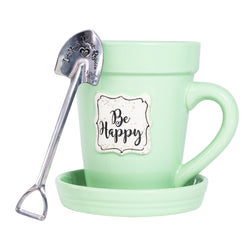 Green Flower Pot Mug - “Be Happy”
